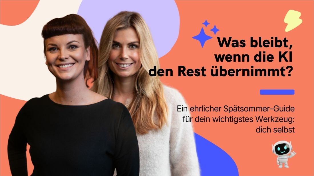 Das Bild zeigt zwei lächelnde Frauen vor einem geometrisch gestalteten Hintergrund. Daneben stehen deutsche Texte wie 