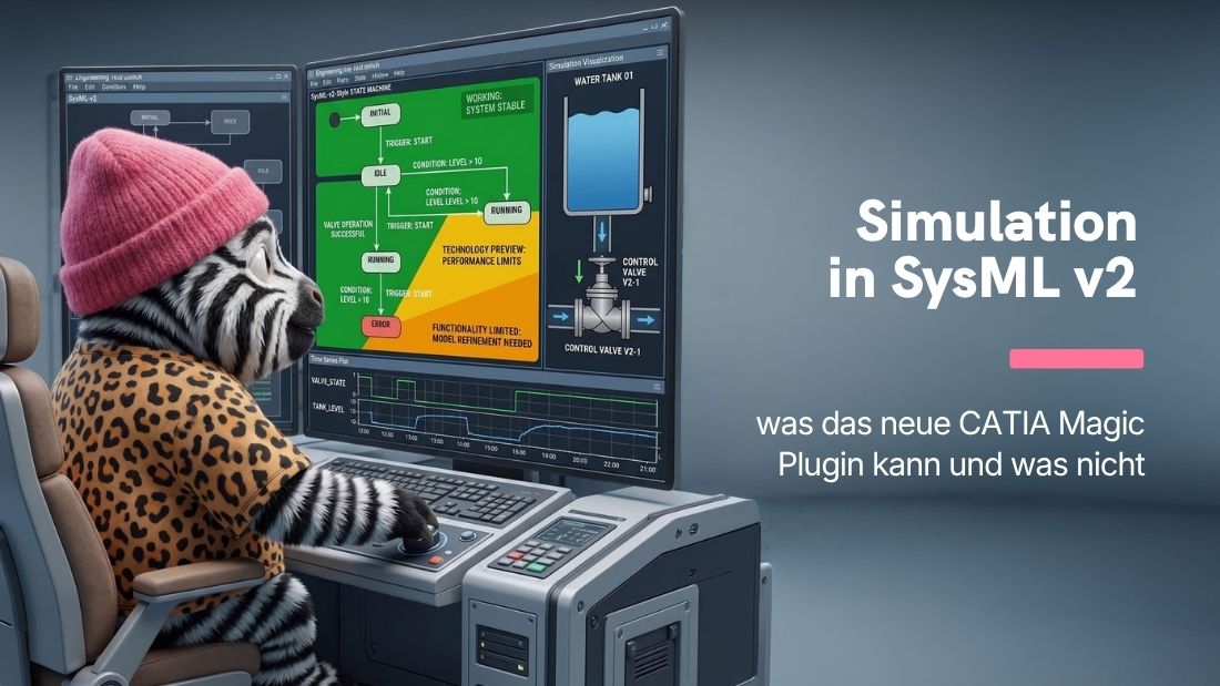 Ein Zebra in einer rosa Mütze und einem Leoparden-Shirt sitzt an einem Computer und simuliert ein Wasserbehältersystem mit SysML v2.