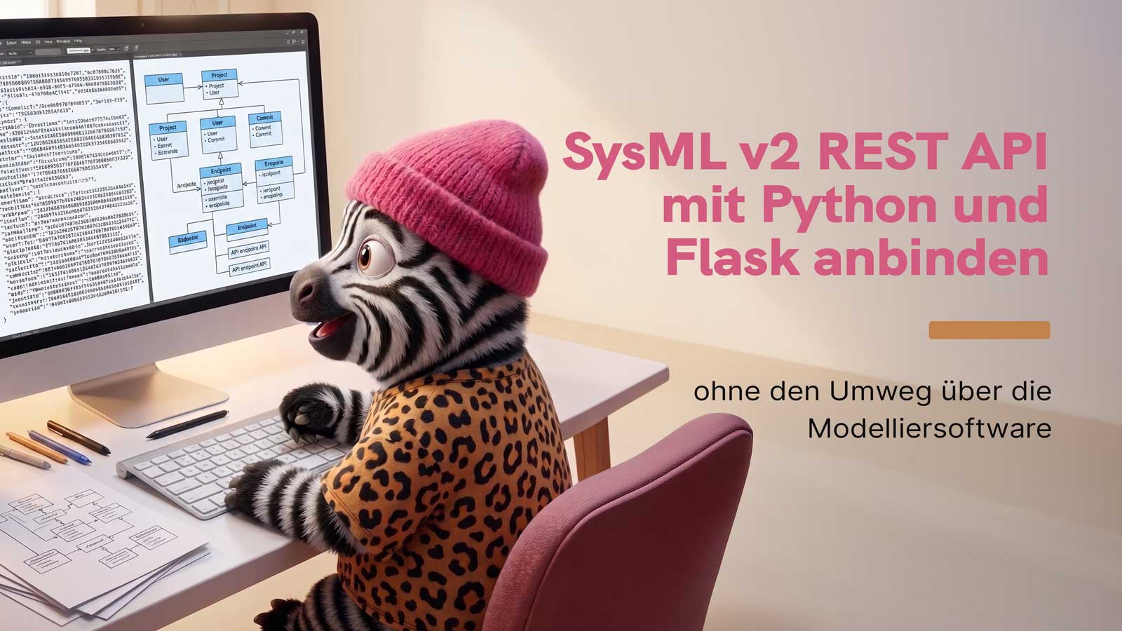 Ein Zebra in Kleidung sitzt vor einem Computermonitor, der SysML-Diagramme und Code anzeigt. Daneben stehen die Texte 