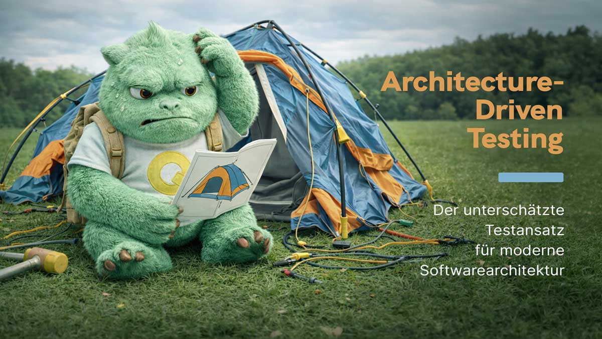 Ein grünes, flauschiges Wesen sitzt auf einer Wiese vor einem halb aufgebauten, schief wirkenden Campingzelt. Es kratzt sich am Kopf und schaut konzentriert, aber überfordert in eine Bauanleitung. Auf der Vorderseite der Anleitung ist eine einfache Illustration eines korrekt aufgebauten Zelts zu sehen, auf der Rückseite ein weiterer Montageschritt.  Um die Figur herum liegen verstreut Zeltstangen, Heringe und Kabel. Das Zelt hinter ihr wirkt instabil und falsch montiert.  Rechts im Bild steht der Text: „Architecture-Driven Testing“ Darunter: „Der unterschätzte Testansatz für moderne Softwarearchitektur“.