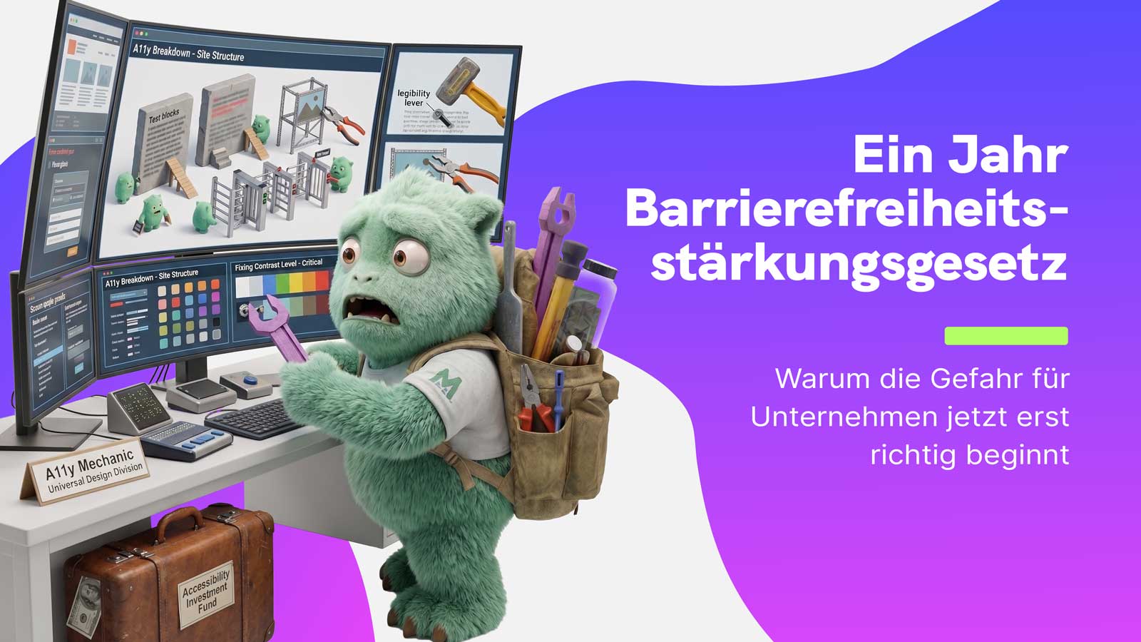 Ein besorgtes grünes Monster mit einem Werkzeuggürtel steht vor mehreren Computermonitoren, die Diagramme und Werkzeuge zeigen. Auf dem Bildschirm steht 